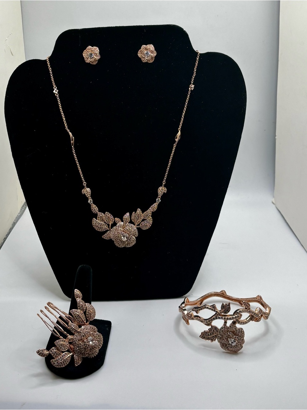 Rose Gold Floral Crystal Necklace & Earring Set - Women Jewelry